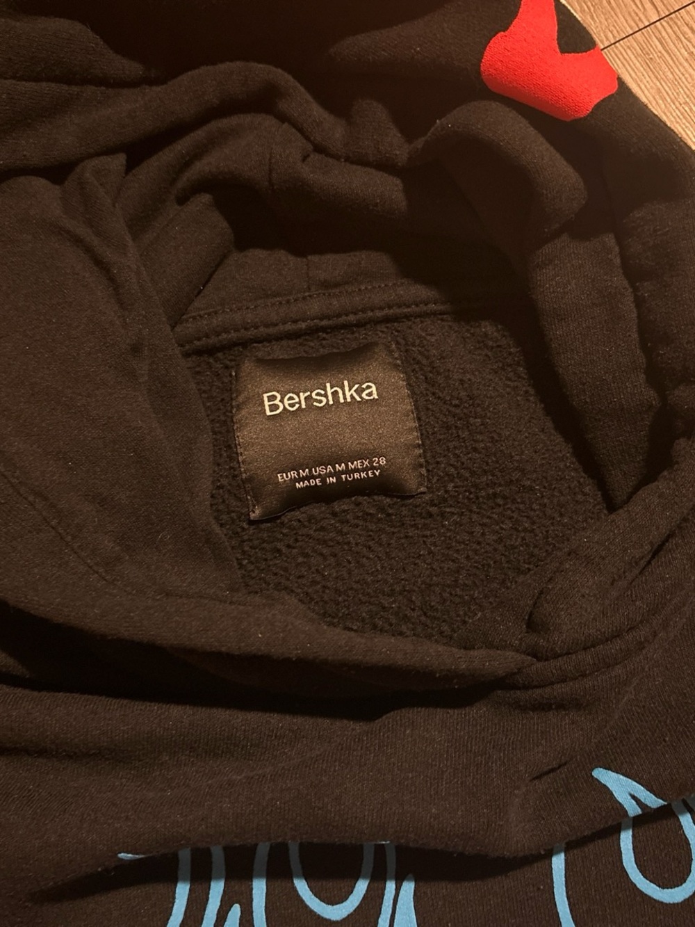 Bershka Black Hoodie with Red Accent and Blue Print - Picture 3 of 4
